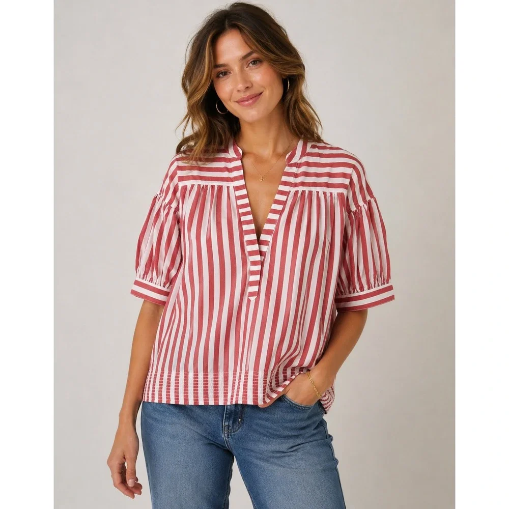 Anthropologie Red White Striped Puff Sleeve Cotton Blouse Top Shirt Boho Medium